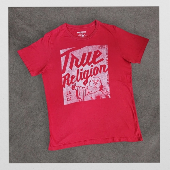 VINTAGE Red True Religion Logo Tee, Men's Large - Picture 1 of 8